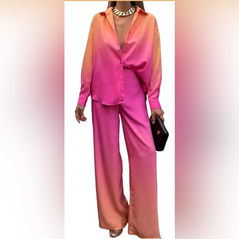 NEW Amazon Pink to Orange Ombre Wide-Leg Satin Jumpsuit Pants Set NEW w/o tags